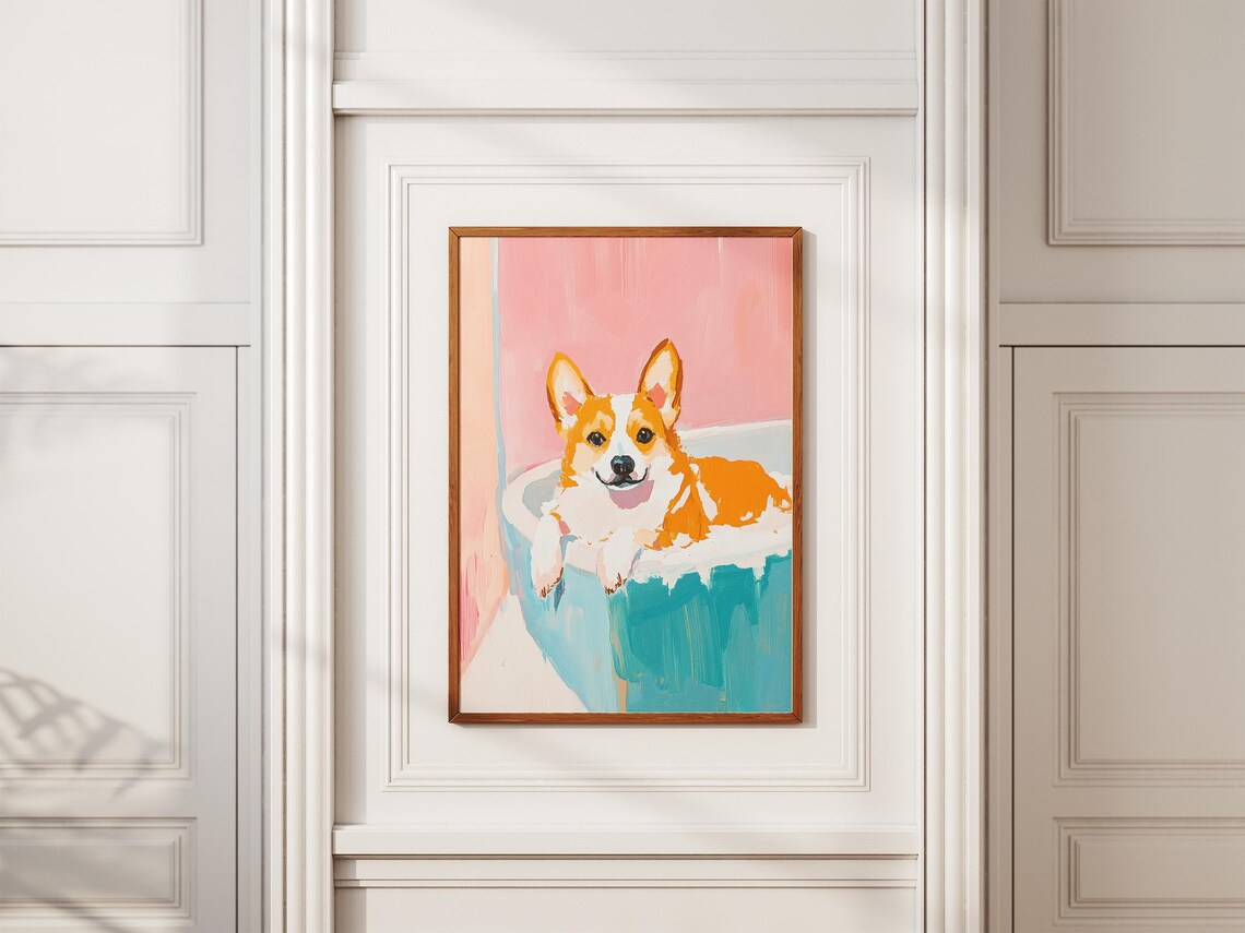 Smiling Corgi Bubble Bath Pastel Pink Teal Nursery Art Poster - Image 2