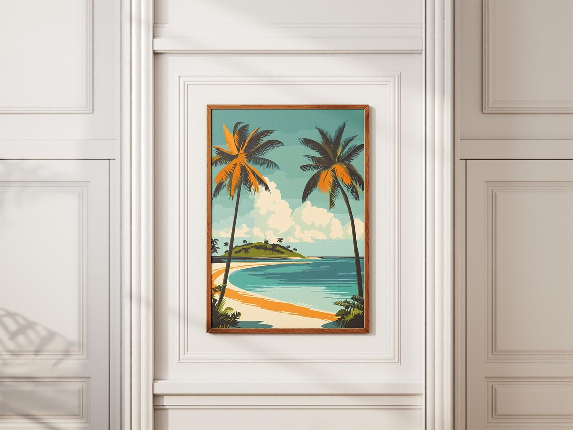 Tropical Beach with Twin Palm Trees Vintage Travel Poster Scenic - Image 2
