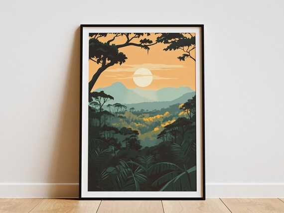 Kahuzi Biega Congo Jungle Sunset Mountains Vintage Travel Decor Poster