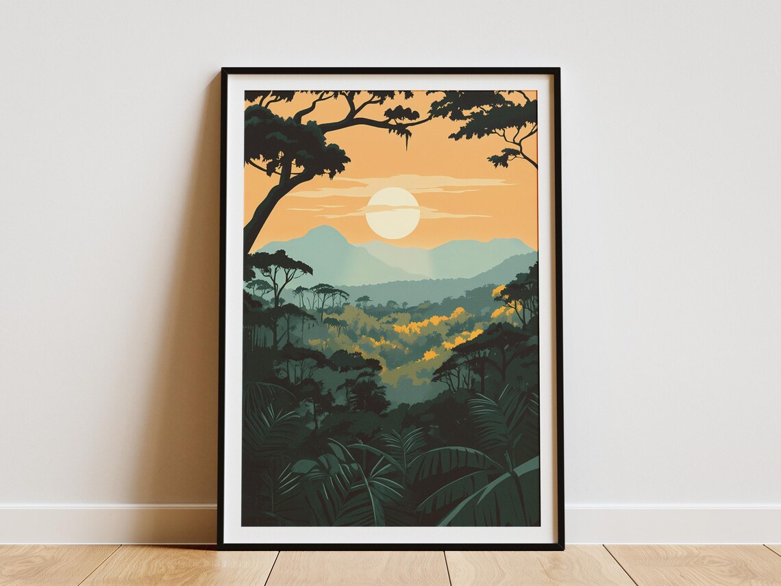 Kahuzi Biega Congo Jungle Sunset Mountains Vintage Travel Decor Poster