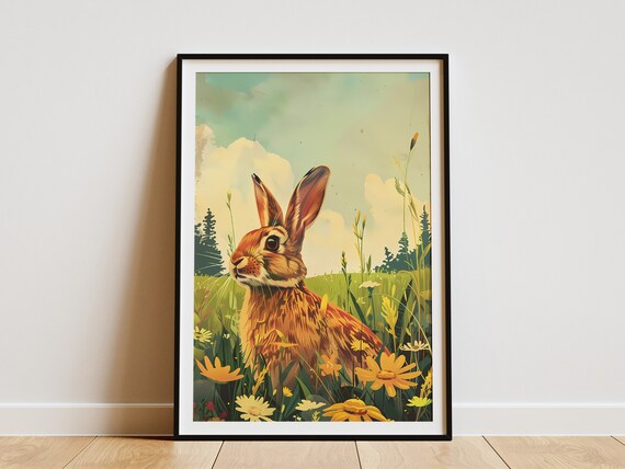 Cute Rabbit In Meadow Poster Floral Meadow Art Print Nature Art Print Animal Art Wall Decor