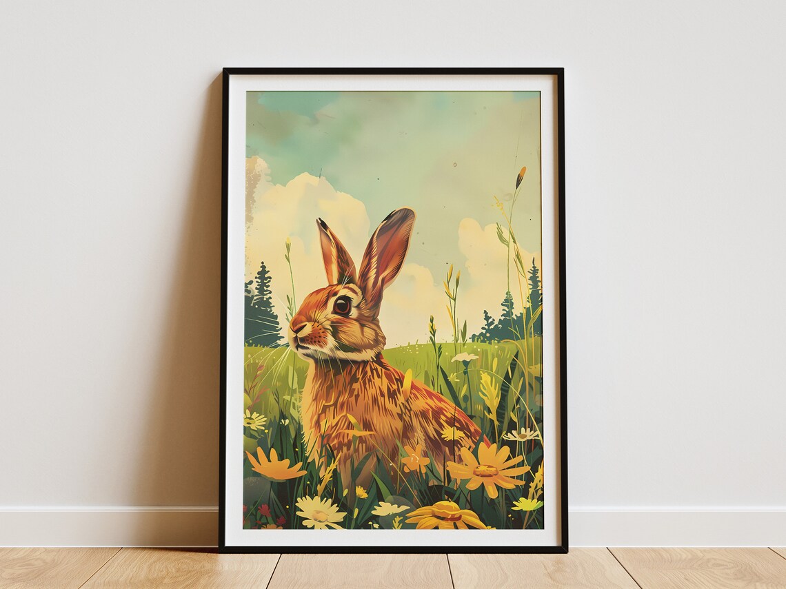 Vintage Rabbit Yellow Flower Meadow Rustic Nature Wildlife Poster