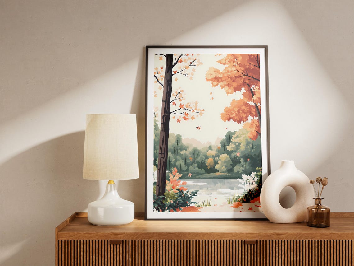 Autumn Lake With Orange Maples And Drifting Falling Leaves Poster - Image 5