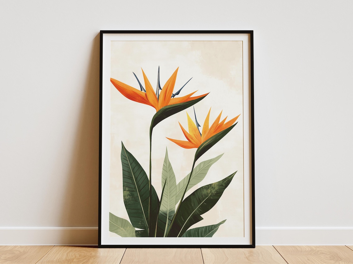Bird Of Paradise Flower Tropical Orange Floral Botanical Art Poster