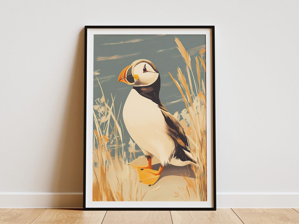 Puffin on a Sandy Beach with Dune Grasses Seabird Art Poster