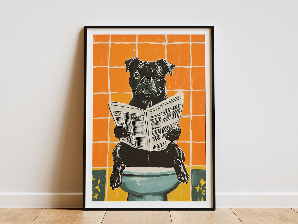 Staffordshire Terrier Reading Newspaper on Toilet Humor Poster