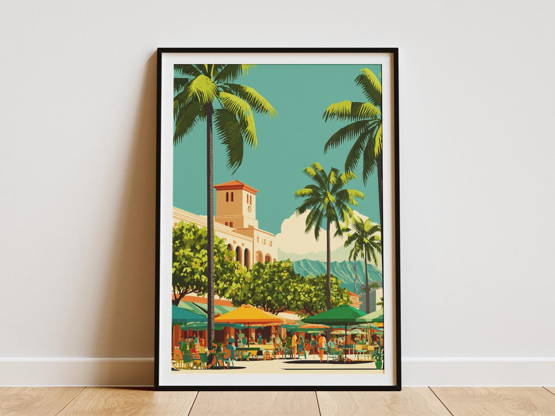 Vintage Tropical Town Square Palms Cafe Umbrellas Travel Poster