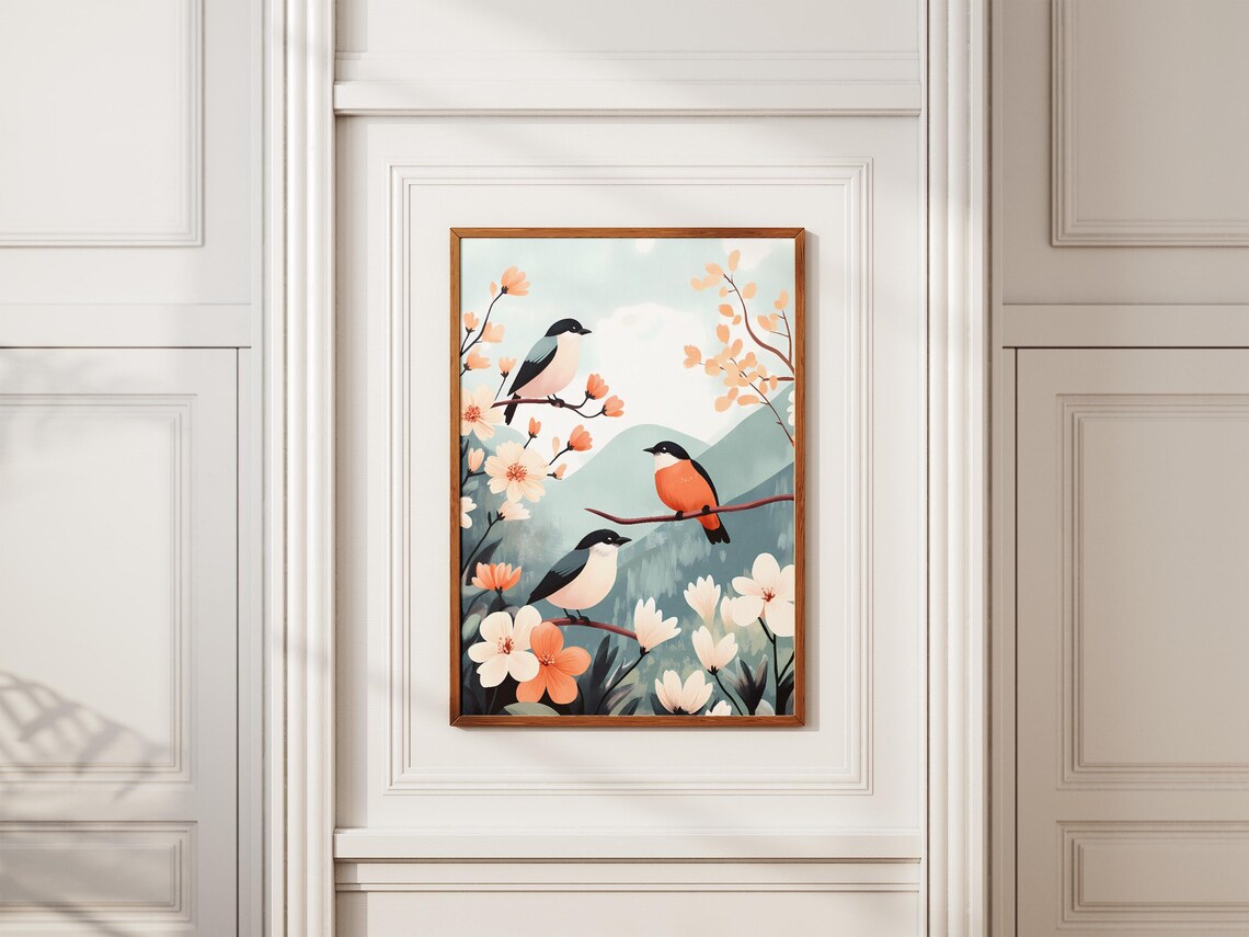 Three Colorful Songbirds Perched Among Peach Blossoms Art Poster - Image 2