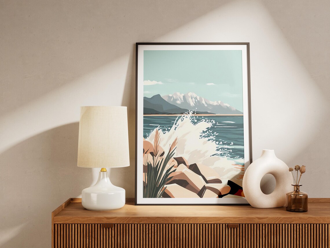 Ocean Wave Crashing Rocky Shore Snowy Mountains Scene Poster - Image 5
