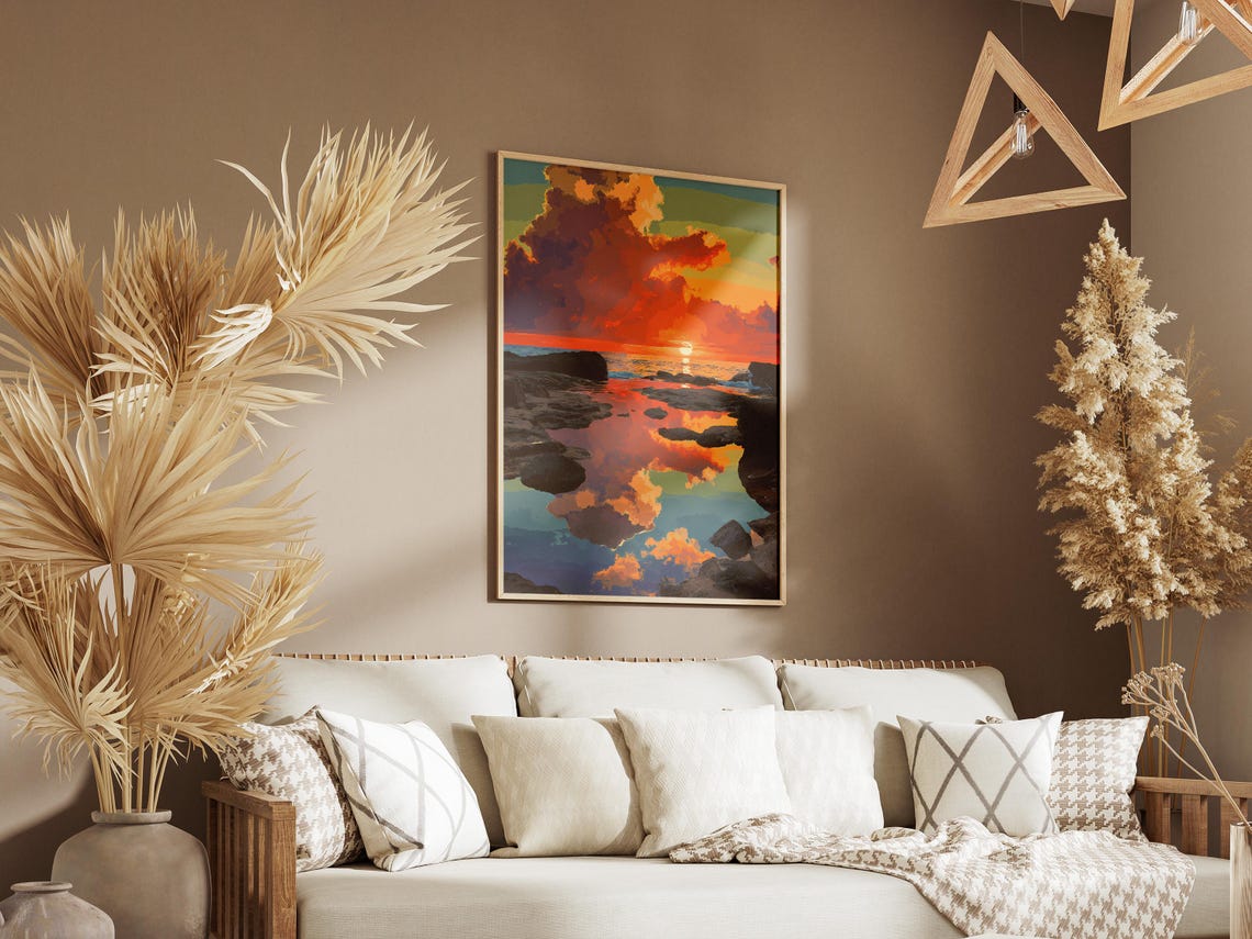 Fiery Sunset Rocky Tide Pools Mirror Reflection Ocean Poster - Image 3