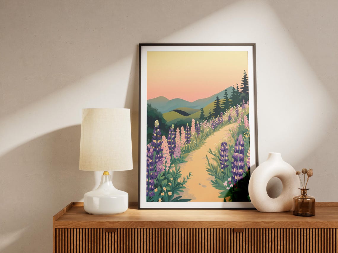Lupine Flower Field Trail Path Landscape Poster Print Botanical Art Nature Wall Decor Home Sunset Meadow Walk - Image 4