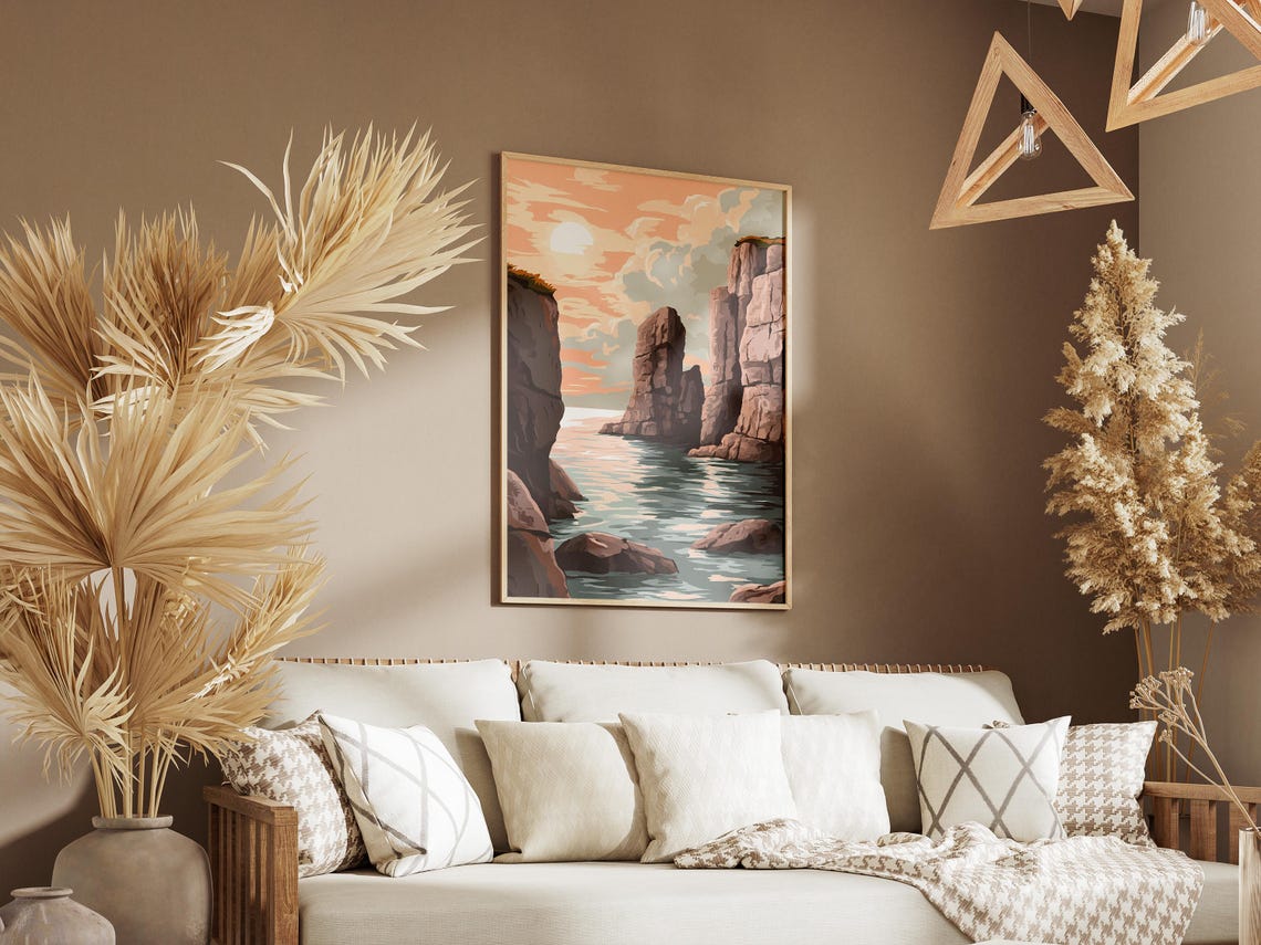 Rose-Colored Cliffs Around a Quiet Sunset Cove Seascape Poster - Image 3