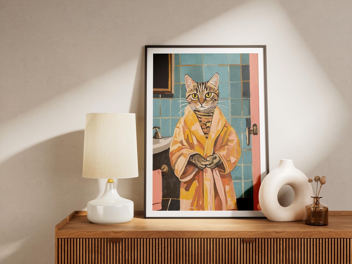 Tabby Cat In Mustard Yellow Bathrobe Poster Funny Pet Bathroom Art - Image 4