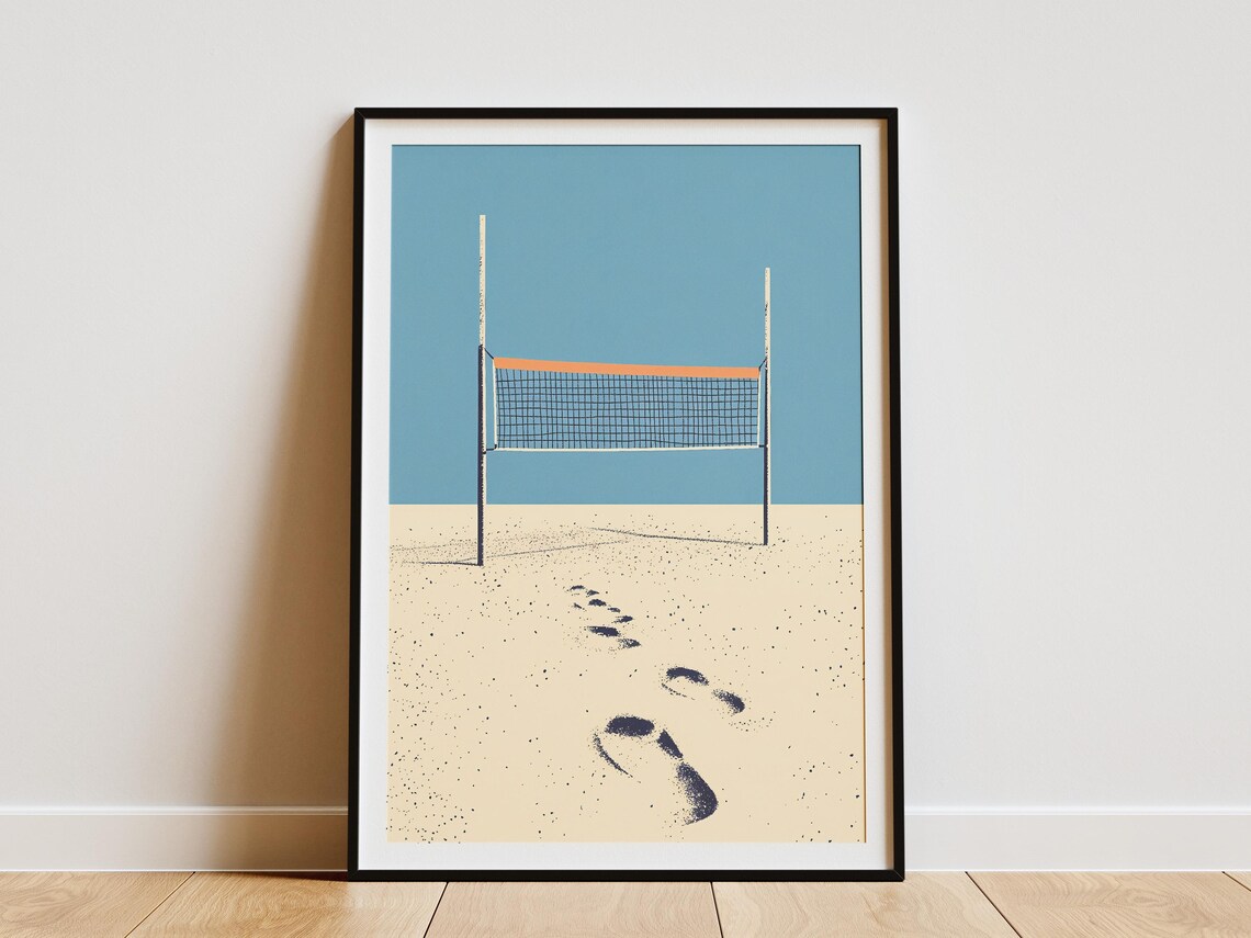 Beach Volleyball Net Sandy Footsteps Minimalist Coastal Summer Poster