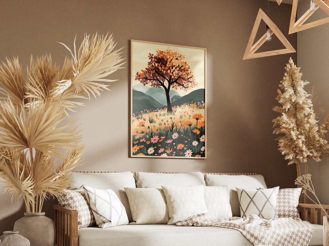 Lone Autumn Tree in an Orange Wildflower Meadow Hills Art Poster - Image 3