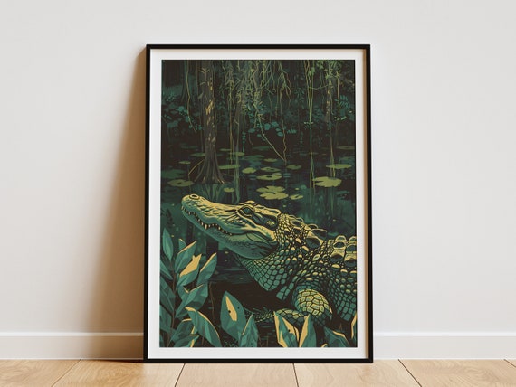 Swamp Crocodile Poster Wildlife Animal Print Nature Art Green Swamp Forest Wall Decor