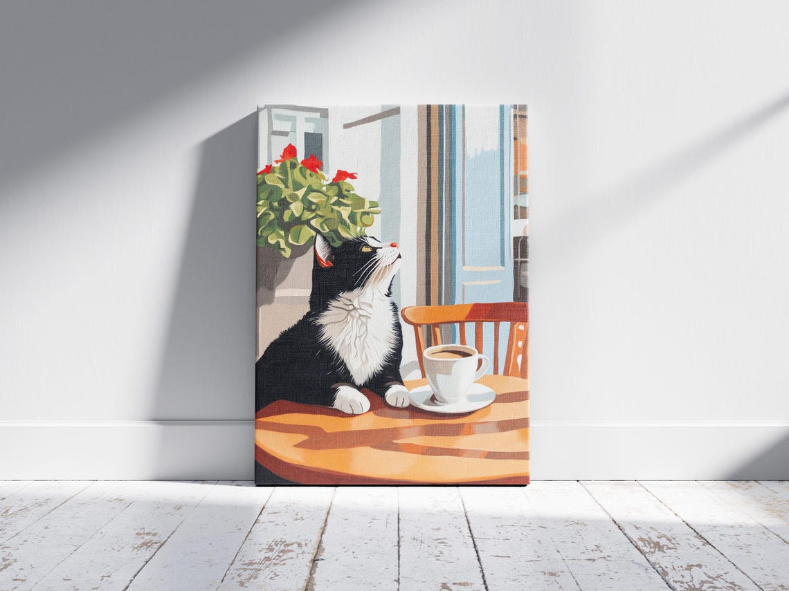 Tuxedo Cat At Cafe Table Coffee Cup Cozy Cat Lover Art Poster - Image 2