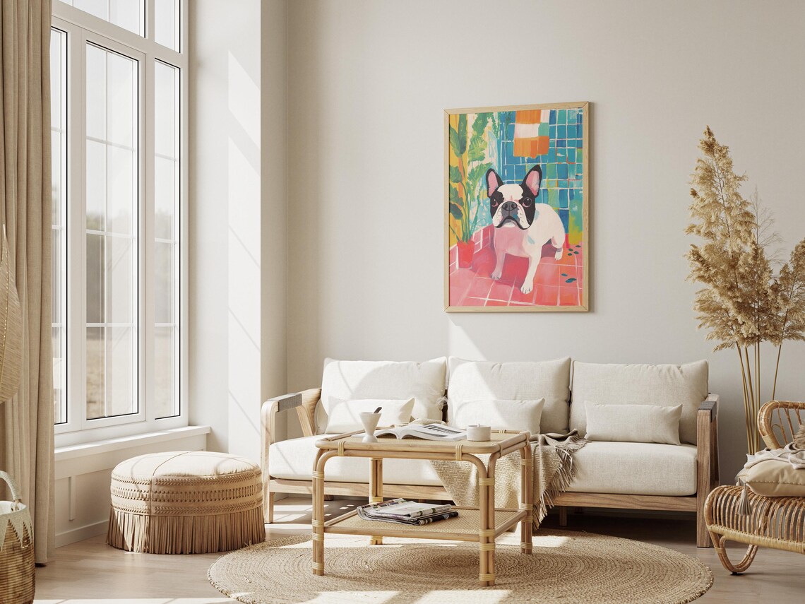 French Bulldog Pink Tiled Bathroom Colorful Modern Cute Dog Art Poster - Image 3