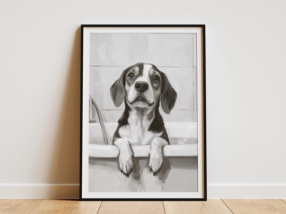 Beagle Dog In Bathtub Poster Funny Pet Art Print Bathroom Wall Decor Animal Lover Gift Cute Puppy Present Tub