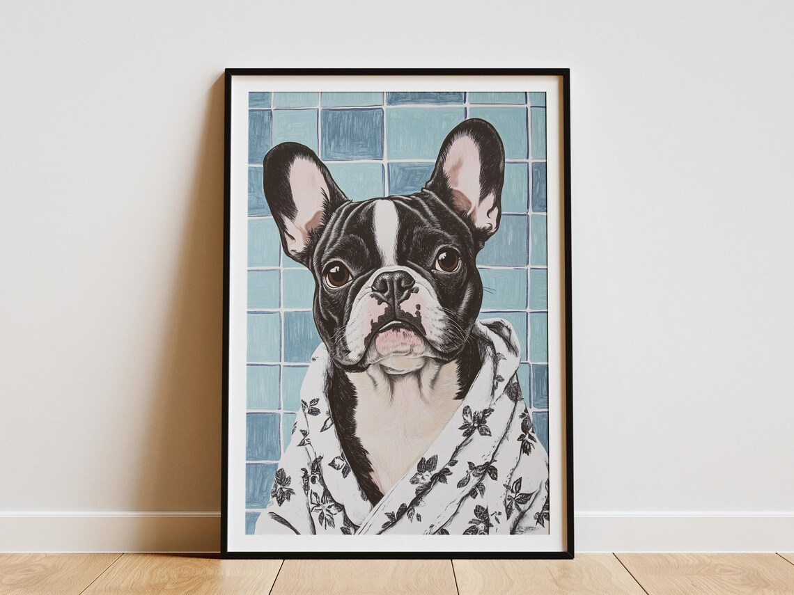 French Bulldog Puppy in Floral Robe Cute Bathroom Decor Poster