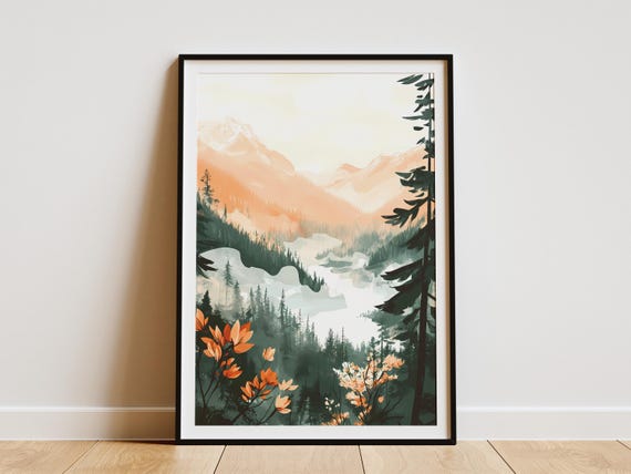 Misty Mountain Peak Landscape Posterabstract Nature Art Printmodern Wall Decorforest Sceneorange And Greenhome Decornature