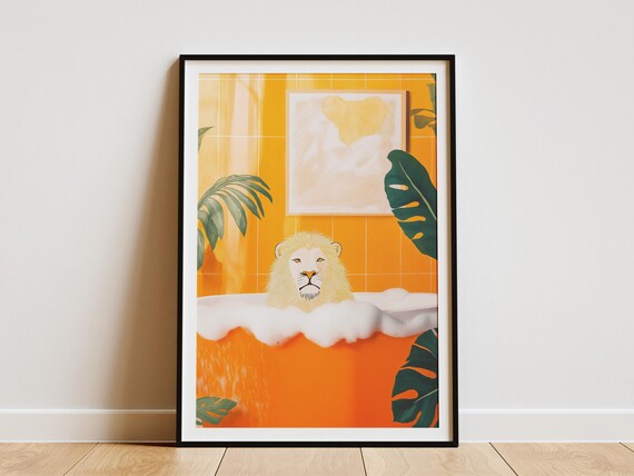 White Lion In An Orange Bubble Bath Tropical Bathroom Poster