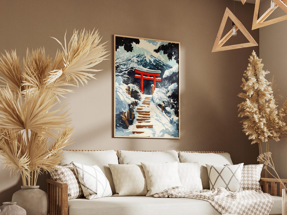 Snow Covered Shrine Steps Red Torii Gate Winter Japan Poster - Image 3