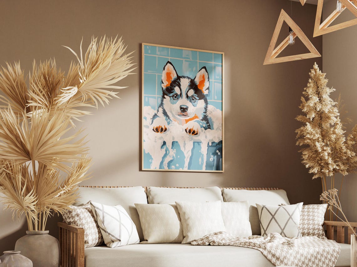 Siberian Husky Puppy Bubble Bath Blue Pop Art Nursery Poster - Image 3