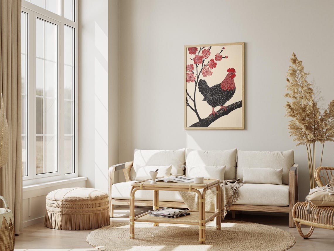 Red and Black Rooster Perched Under Plum Blossom Branch Art Poster - Image 4