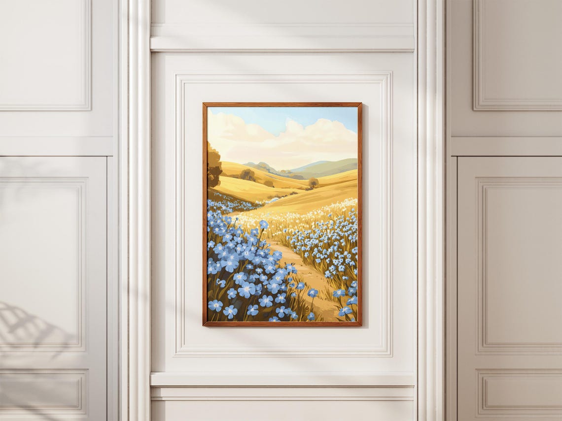 Blue Forget Me Nots Golden Valley Path Tender Landscape Poster - Image 2