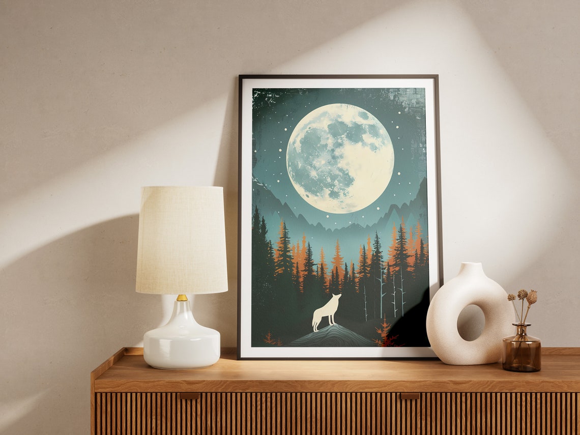 Wolf In Moonlit Forest Poster Modern Art Print Nature Wall Decor Forest Landscape Poster - Image 2