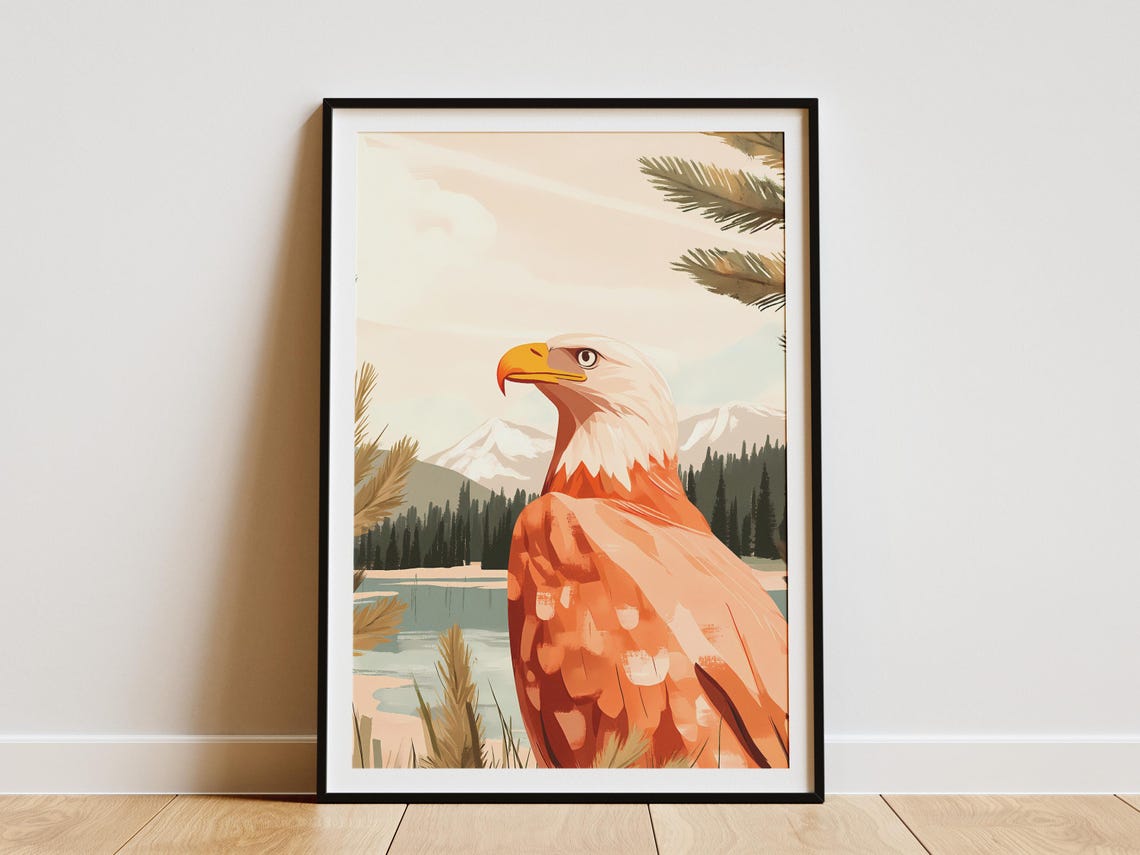 Bald Eagle Portrait Mountain Lake Pine Forest Wildlife Poster