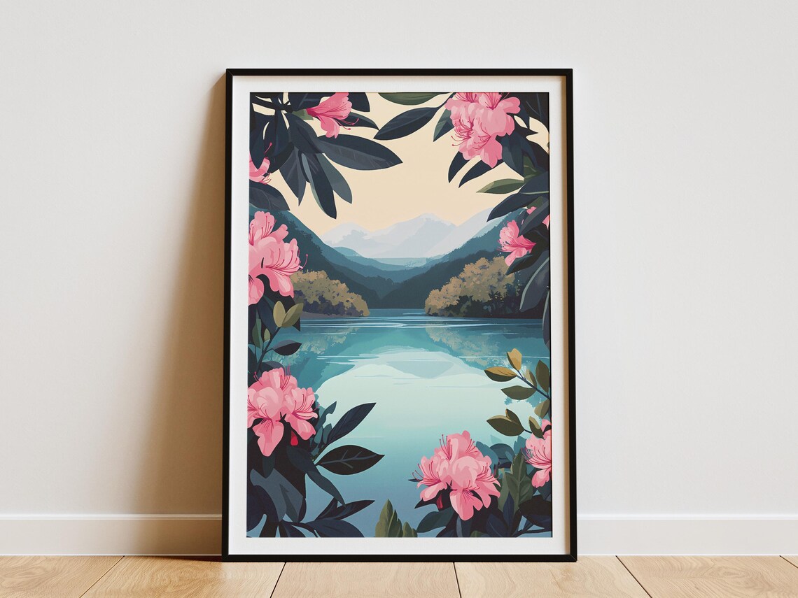 Mountain Lake Pink Rhododendron Natural Frame Scenic Art Poster