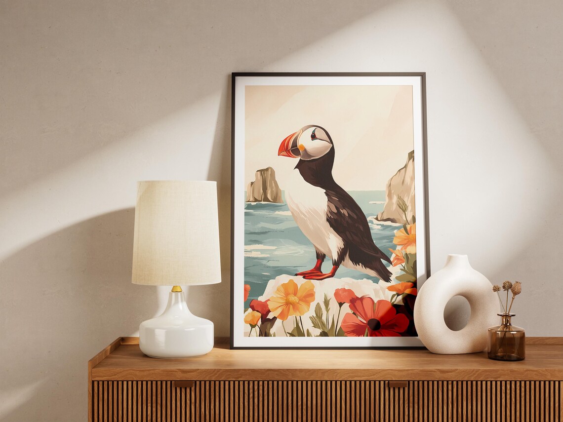 Puffin Portrait on a Flowering Cliff by the Sea Shore Art Poster - Image 5