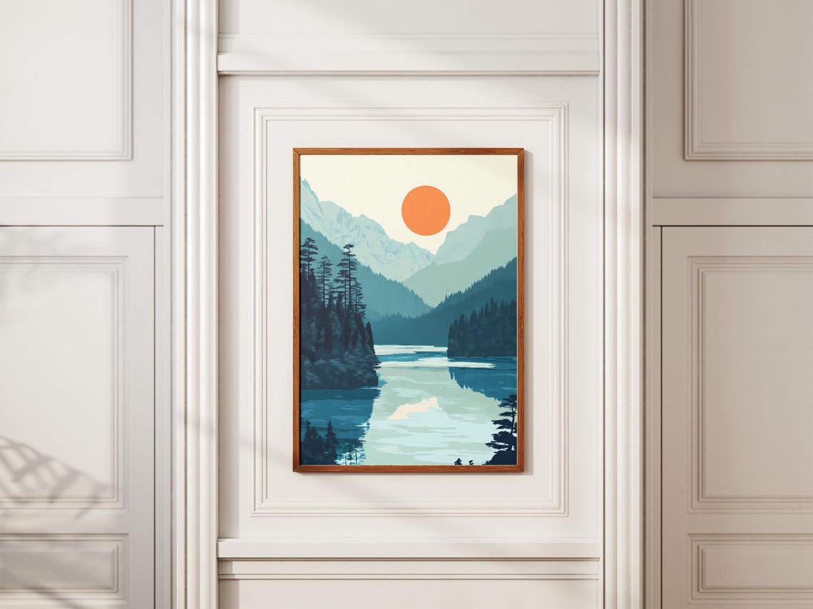 Serene Mountain Lake Reflection Minimalist Nature Landscape Poster - Image 2