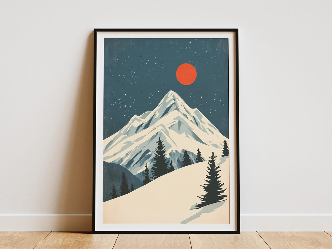Big Red Sun Over Snowy Mountain Peak Pine Forest Winter Poster