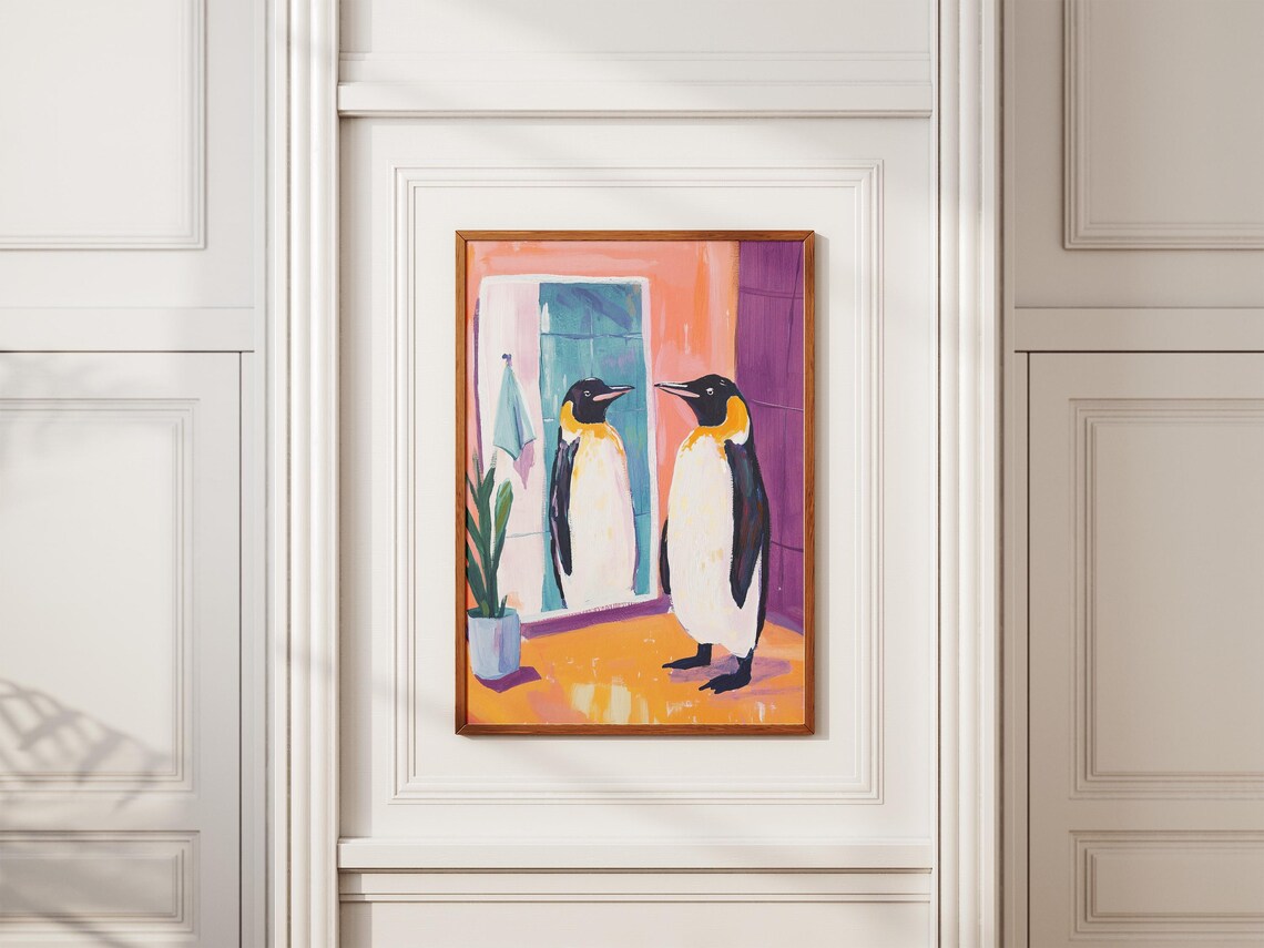Penguin Admiring Mirror Colorful Bathroom Animal Humor Poster - Image 2