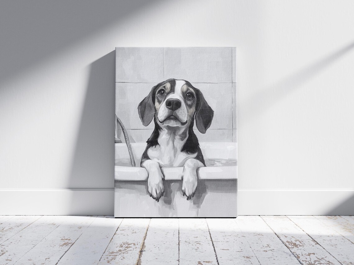 Beagle Puppy Dog In Bathtub Black and White Cute Animal Poster - Image 2