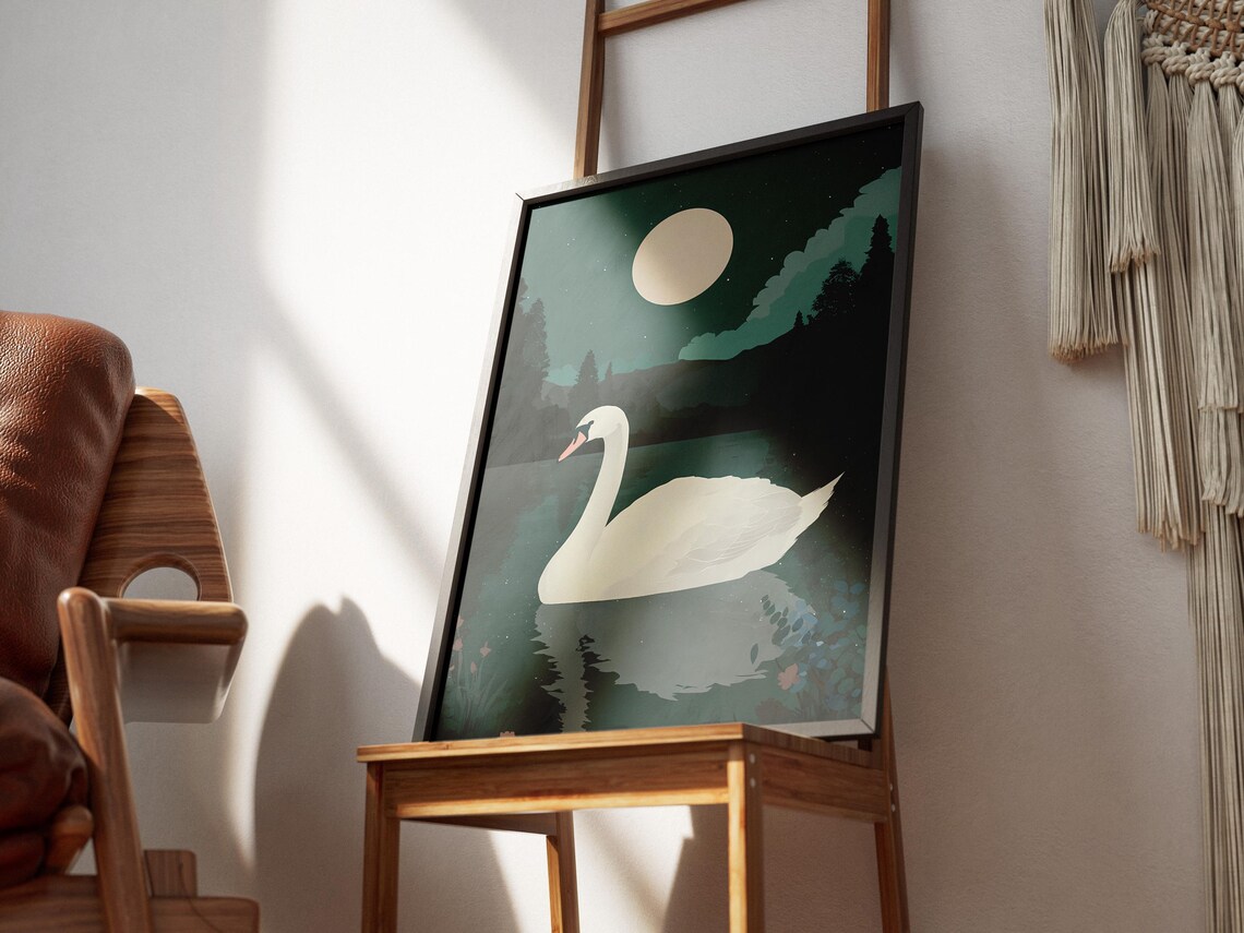 White Swan Gliding On Moonlit Lake Under Full Moon Night Poster - Image 3