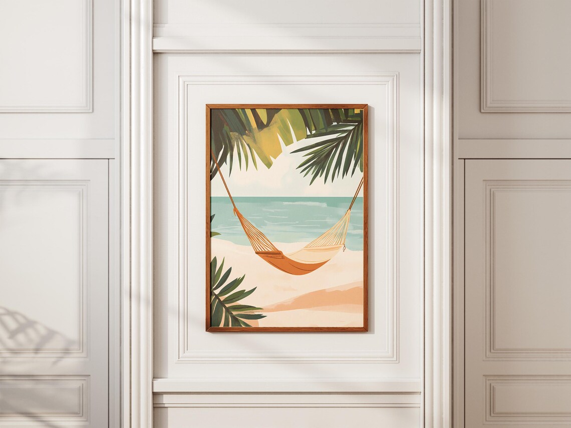 Orange Hammock on Tropical Beach Palm Fronds Ocean View Poster - Image 2