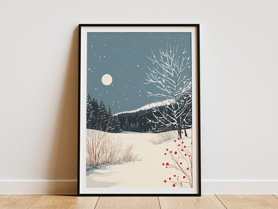 Snowy Winter Night Forest Poster Frosty Meadow Art Print Winter Wonderland Wall Decor Moonlit Landscape Cozy Home Decor Snow Covered Trees