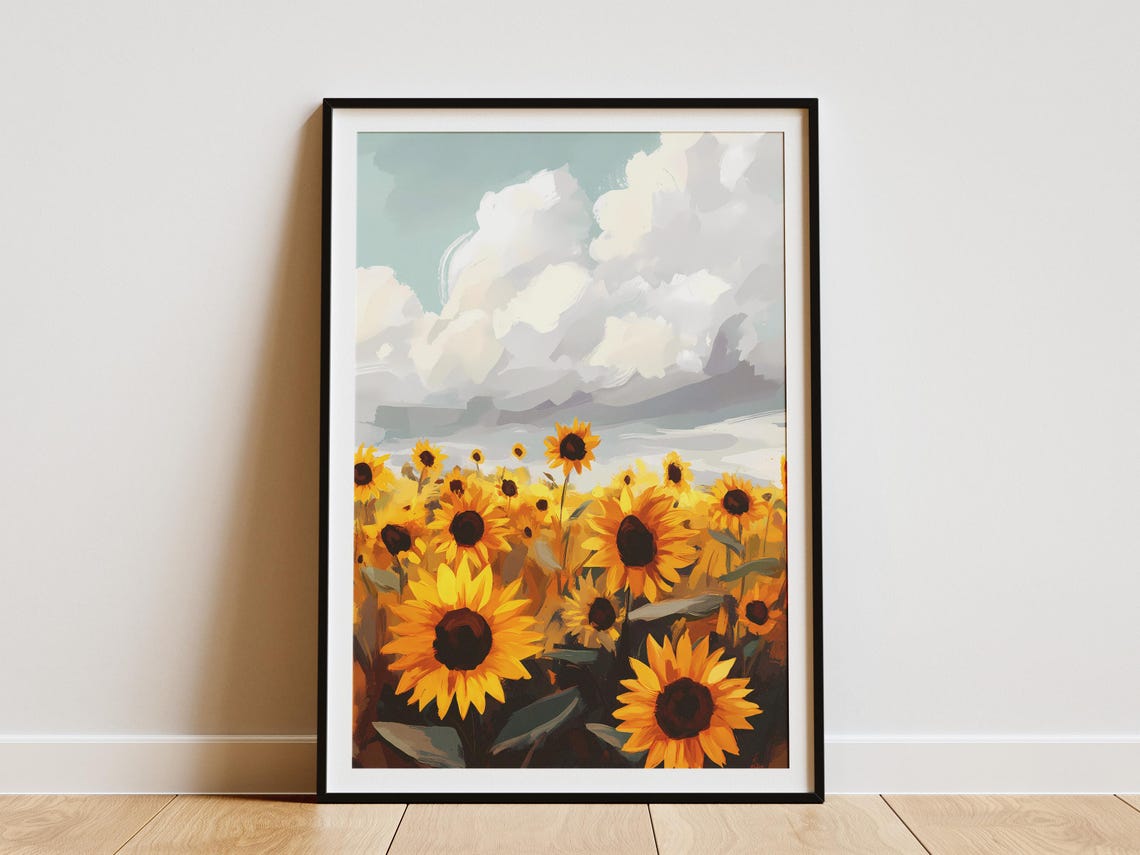Sunflower Field Summer Dramatic Sky Floral Illustration Poster