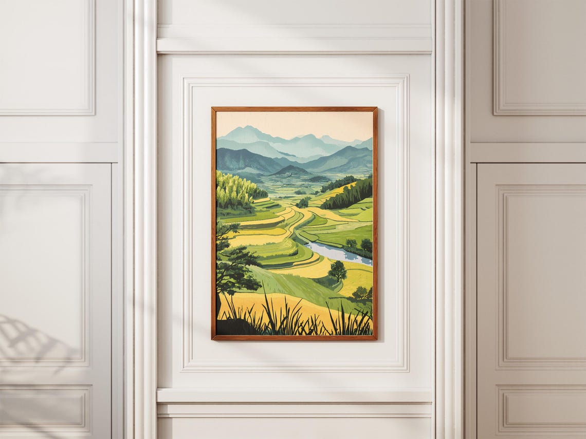 Green Rice Paddy Valley Distant Mountain Peaks Landscape Poster - Image 2