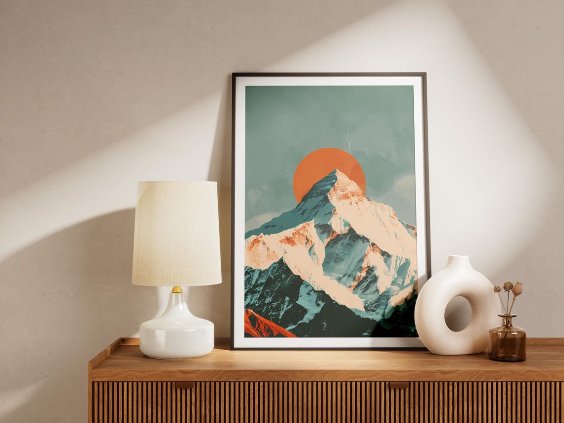 Snowy Mountain Peak Red Sun Vintage Minimalist Alpine Art Poster - Image 2