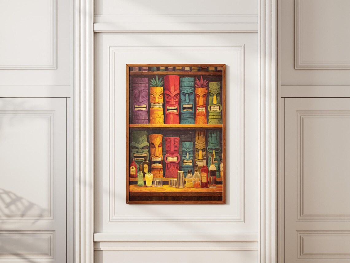 Colorful Tiki Bar Mugs Shelves Retro Tropical Cocktail Poster - Image 2