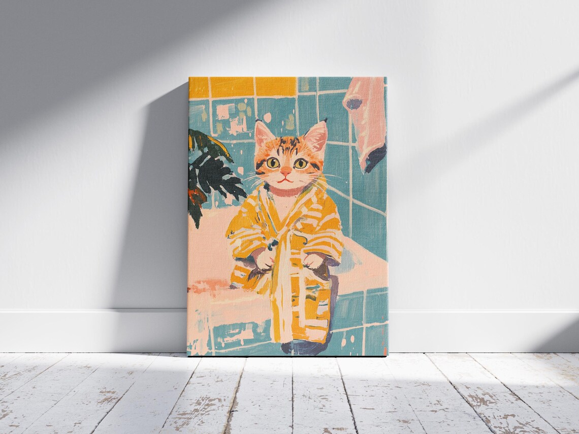 Striped Kitten in Yellow Bathrobe Cute Bathroom Cat Art Whimsy Poster - Image 2