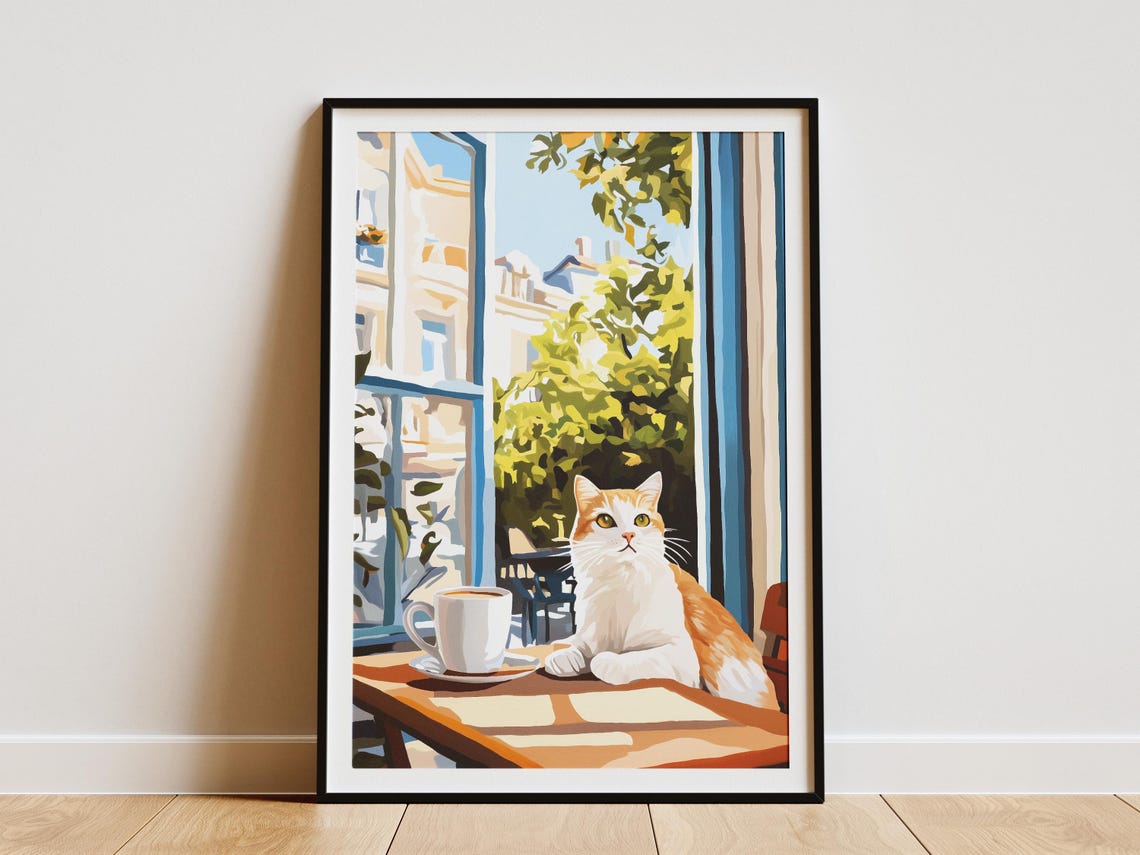 Orange and White Cat With Coffee Sunny Cafe Window Art Poster