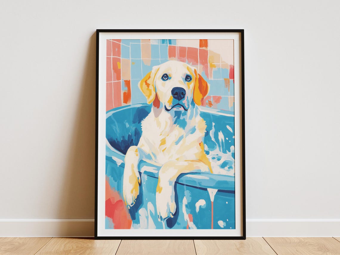 Golden Labrador Blue Bubble Bath Colorful Pop Art Dog Poster
