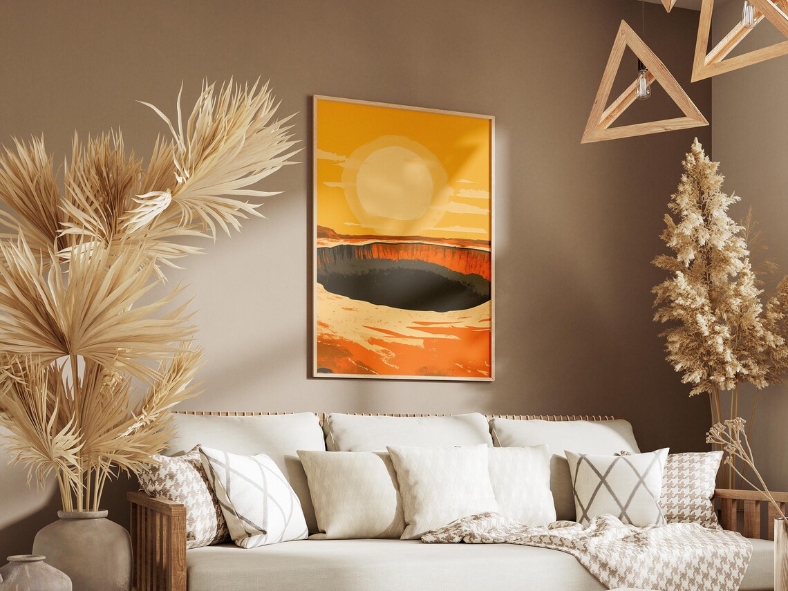 Desert Crater Golden Sun Burning Pit Minimalist Landscape Poster - Image 3