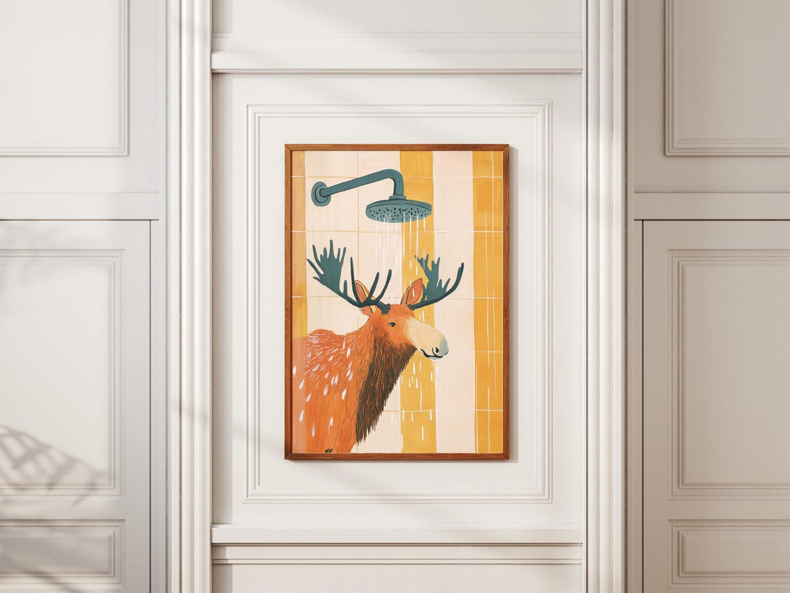 Rusty Orange Moose Enjoying Shower On Retro Orange Tiles Poster - Image 2